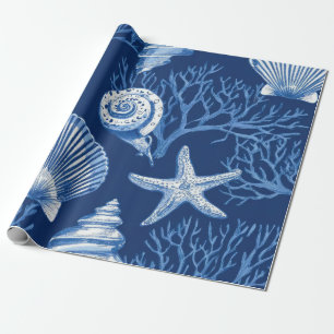 Papier Cadeau Toile Côtière Bleue Motif Corail Coquillage (2)