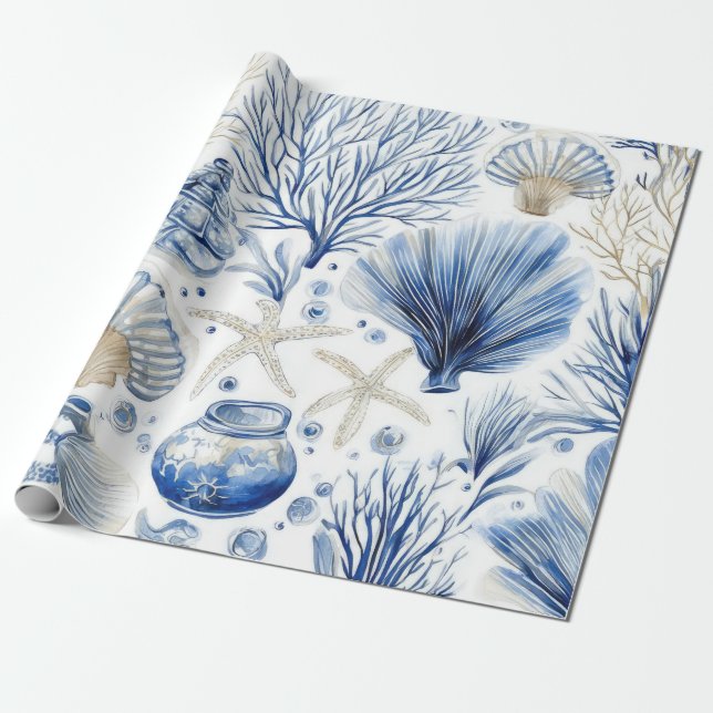 Papier Cadeau Toile Côtière Bleue Motif Corail Coquillage (3) (Déroulé)