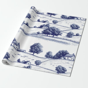 Papier Cadeau Toile de Jouy Bleu Français Architecture Pastorale