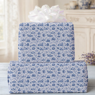Papier Cadeau Toile de Jouy bleue motif branche de rose de campa