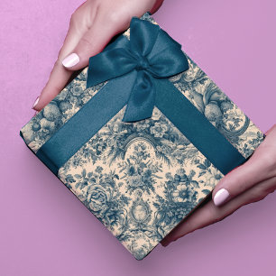 Papier Cadeau Toile de Jouy florale bleue vintage