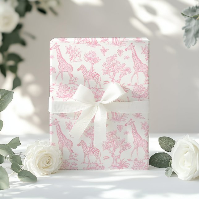 Papier Cadeau Toile de Jouy Safari animaux rose vif élégant (Créateur téléchargé)