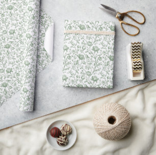 Papier Cadeau Toile de Jouy Sage Vert Floral Vintage Français