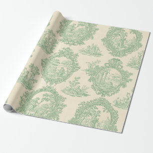 Papier Cadeau Toile de Jouy verte menthe Scène de jardin et coup