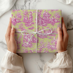 Papier Cadeau Toile de Jouy verte rose élégante vintage