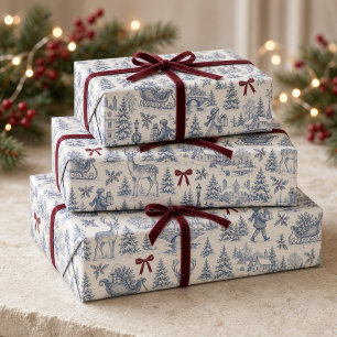 Papier Cadeau Toile de Noël Bleu Vintage avec Nœud Bourguignon