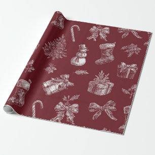 Papier Cadeau Toile de Noël Rouge Vintage avec Chaussettes (2)