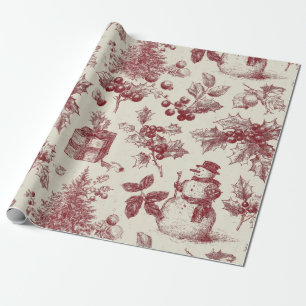 Papier Cadeau Toile de Noël rouge vintage - Botanique de houx