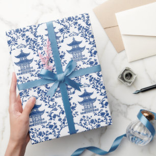 Papier Cadeau Toile de Pagode de la Chinoiserie Bleue