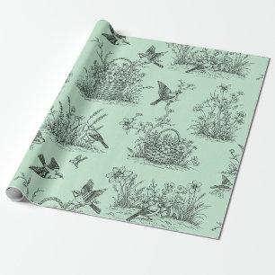Papier Cadeau Toile pastorale vert menthe avec oiseaux et fleurs