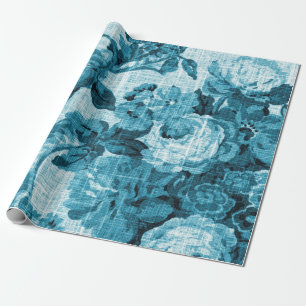 Papier Cadeau Toile Turquoise de fleurs blanches noires et bleue