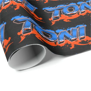Papier Cadeau Toni prénom nom Graffiti bleu orange