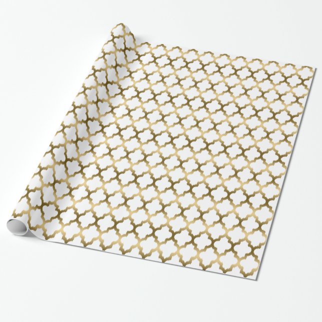 Papier Cadeau Tons Blanc Et Or Ikat Quatrefoil Motif (Déroulé)