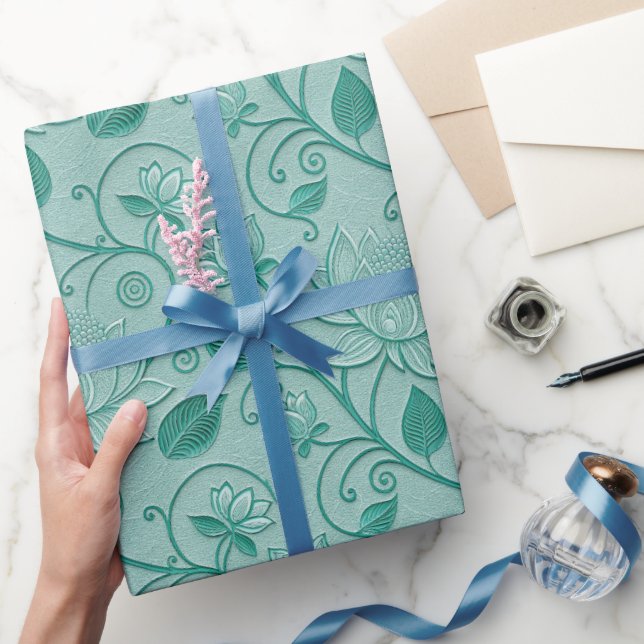 Papier Cadeau Tons de vert pastel motif lotus aspect gaufré (Cadeaux)