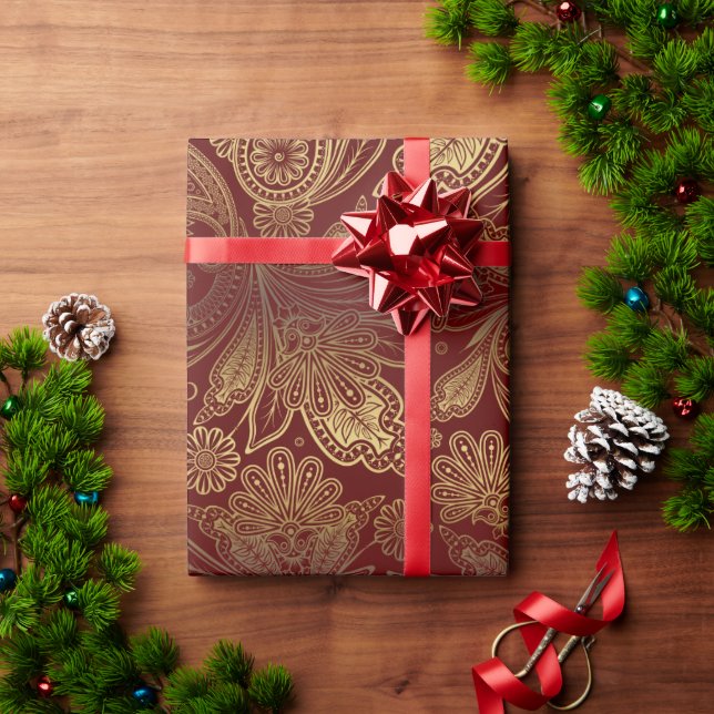 Papier Cadeau Tons dorés motif paisley orné sur fond rouge (Cadeau de vacances)