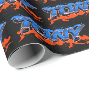 Papier Cadeau Tony prénom nom graffiti bleu orange