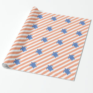 Papier Cadeau Tortue de mer bleue nautique et rayures de corail