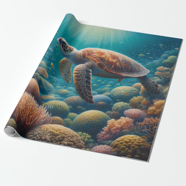 Papier Cadeau Tortue de mer et corail (Déroulé)
