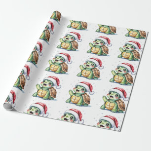 Papier Cadeau Tortue de Noël moderne et branchée à Santa Hat