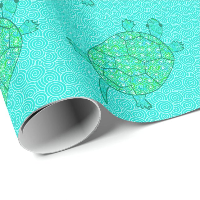 Papier Cadeau Tortue tourbée arabesque - nuances de vert (Coin rond)