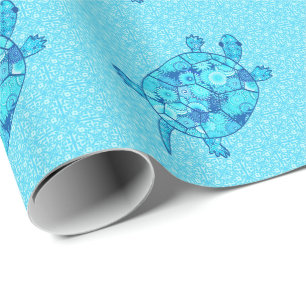 Papier Cadeau Tortue tourbée fractale - cobalt et bleu turquoise