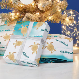 Papier Cadeau Tortues de mer d'or Encre Turquoise Mele Kalikimak