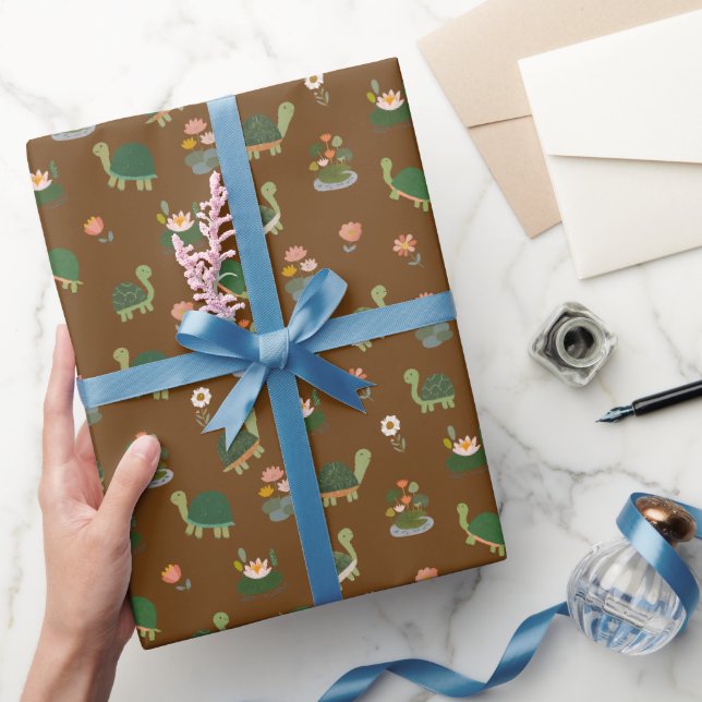 Papier Cadeau Tortues & nénuphars sur fond marron (Cadeaux)
