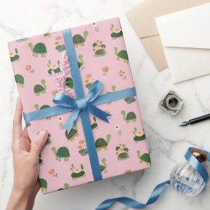 Papier Cadeau Tortues & nénuphars sur fond rose clair