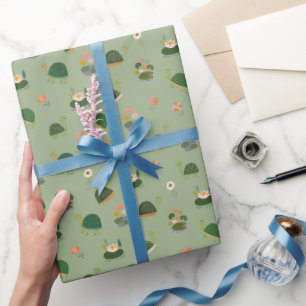 Papier Cadeau Tortues & nénuphars sur fond vert clair