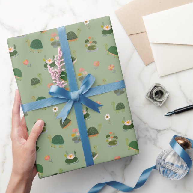 Papier Cadeau Tortues & nénuphars sur fond vert clair (Cadeaux)