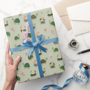 Papier Cadeau Tortues & nénuphars sur fond vert gin