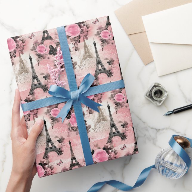 Papier Cadeau Tour Eiffel Chic Rose Noir & Blanc Paris Français (Cadeaux)