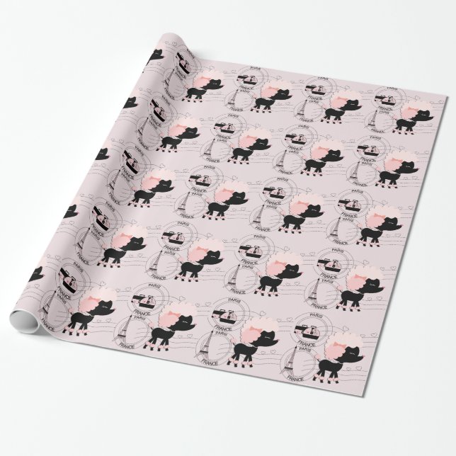 Papier cadeau Tour Eiffel Chien Caniche Rose Paris (Déroulé)