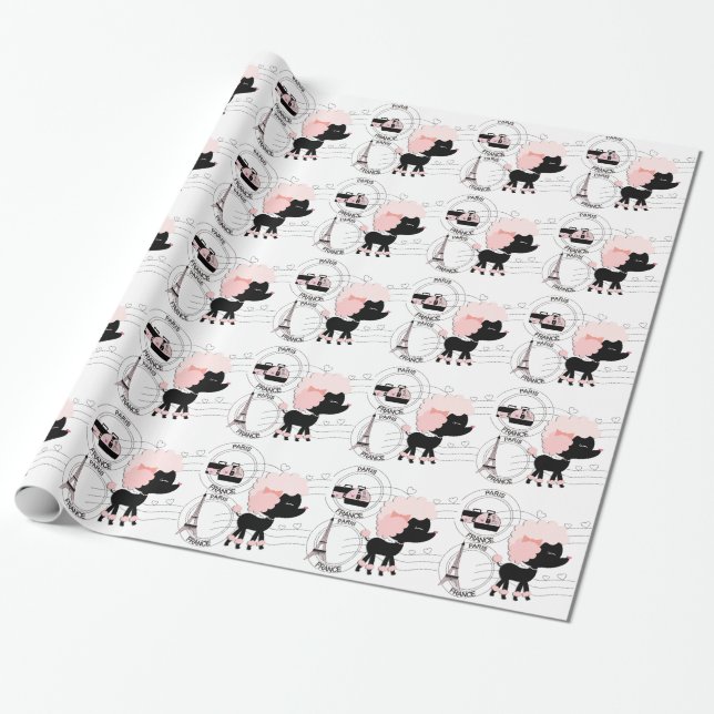 Papier cadeau Tour Eiffel Chien Caniche Rose Paris (Déroulé)