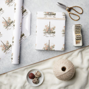 Papier Cadeau Tour Eiffel "Joyeux anniversaire" avec nom personn