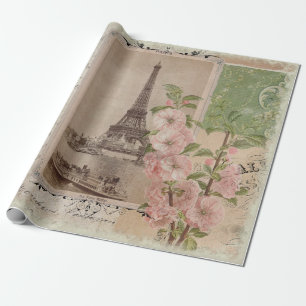 Papier Cadeau Tour Eiffel Paris Vintage Ephémère Script Floral