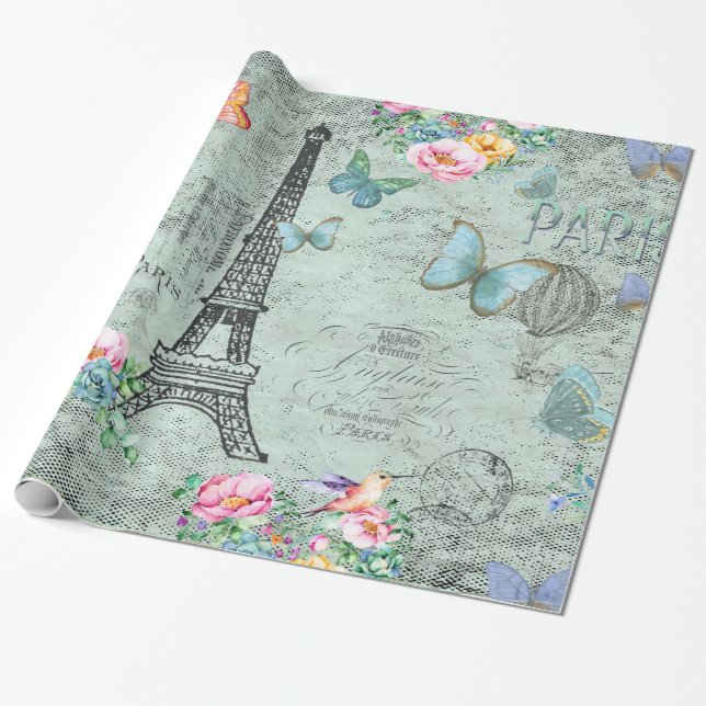 Papier Cadeau Tour-Fleur-Floral-Cru-Roses de Paris-Eiffel (Déroulé)