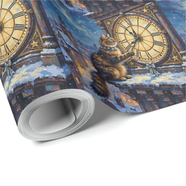Papier Cadeau Tour horloge de Noël Maine Coon minuit (Coin rond)