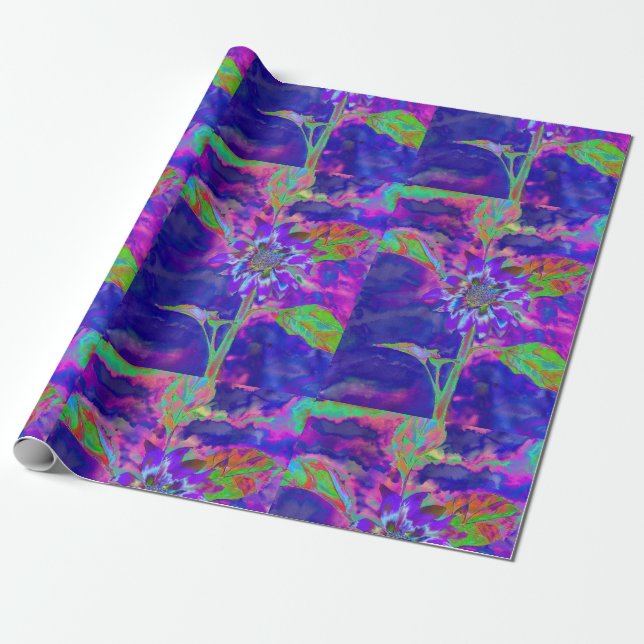 Papier Cadeau Tournesol bleu violet abstrait | rétro funky (Déroulé)