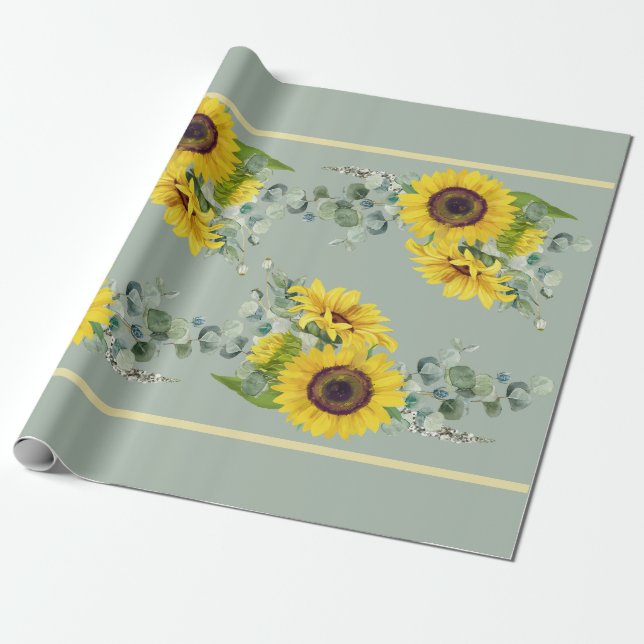 Papier Cadeau Tournesol d'or Eucalpytus Vert (Déroulé)