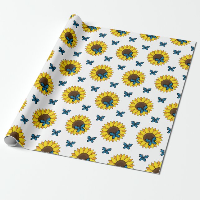 Papier Cadeau Tournesol et papillon bleu (Déroulé)