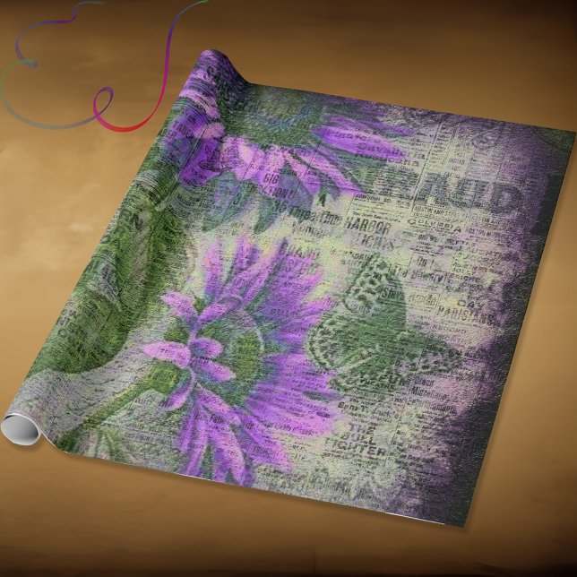 Papier Cadeau Tournesol Papillon Rustique Prune Éphémère (Créateur téléchargé)