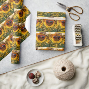 Papier Cadeau Tournesol portant des lunettes de soleil et un cha