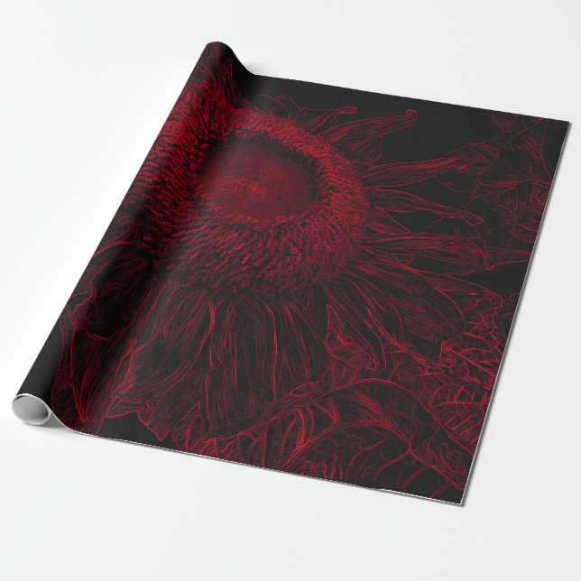 Papier Cadeau Tournesol Rouge Floral Noir Découpage Art (Déroulé)