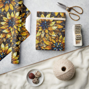 Papier Cadeau Tournesols Élégants Motif de Faux Vitrail