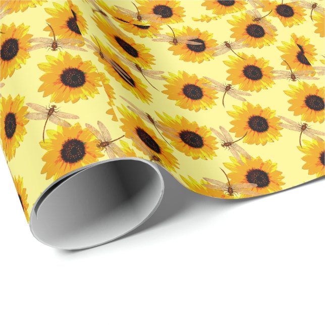 Papier Cadeau Tournesols Et libellules, (Coin rond)
