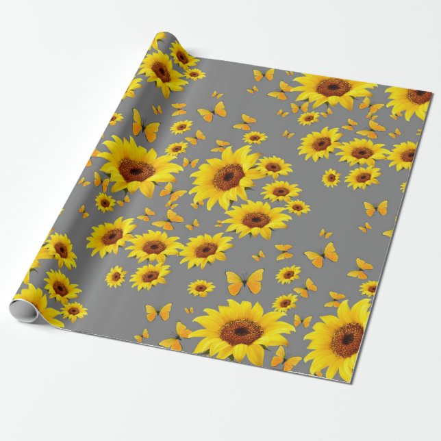 PAPIER CADEAU TOURNESOLS JAUNES D'AMOUR DE PAPILLONS (Déroulé)