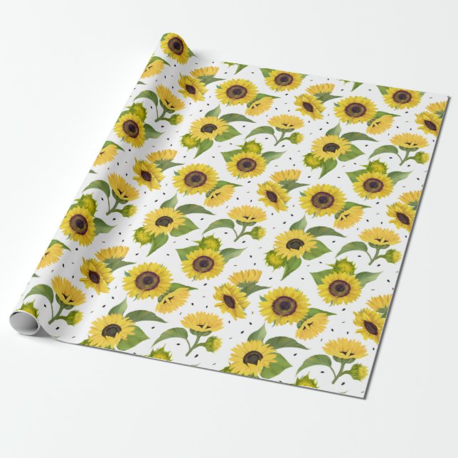 Papier Cadeau Tournesols jaunes et graines de tournesol (Déroulé)