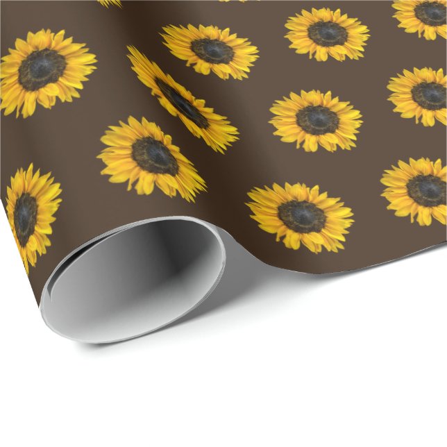 Papier Cadeau tournesols jaunes sur marron (Coin rond)