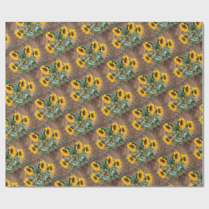 Papier Cadeau Tournesols Papillons Planche de Grange Rustique